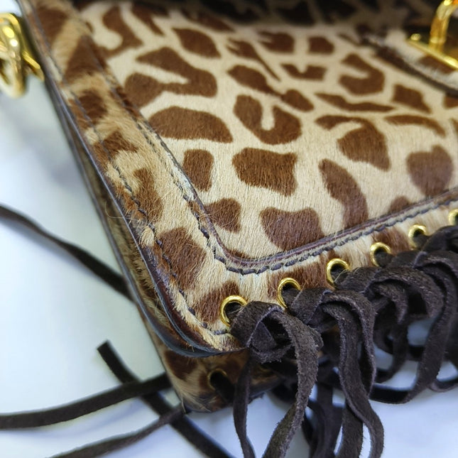 Prada Messenger Leopard Print Pony-style Calfskin Fringe Trimmed Shoulder Bag