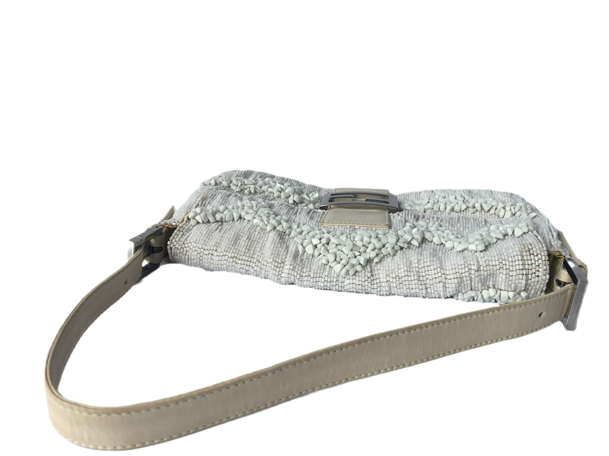 Sold Fendi Baguette White Beaded with Stones in Wave Pattern