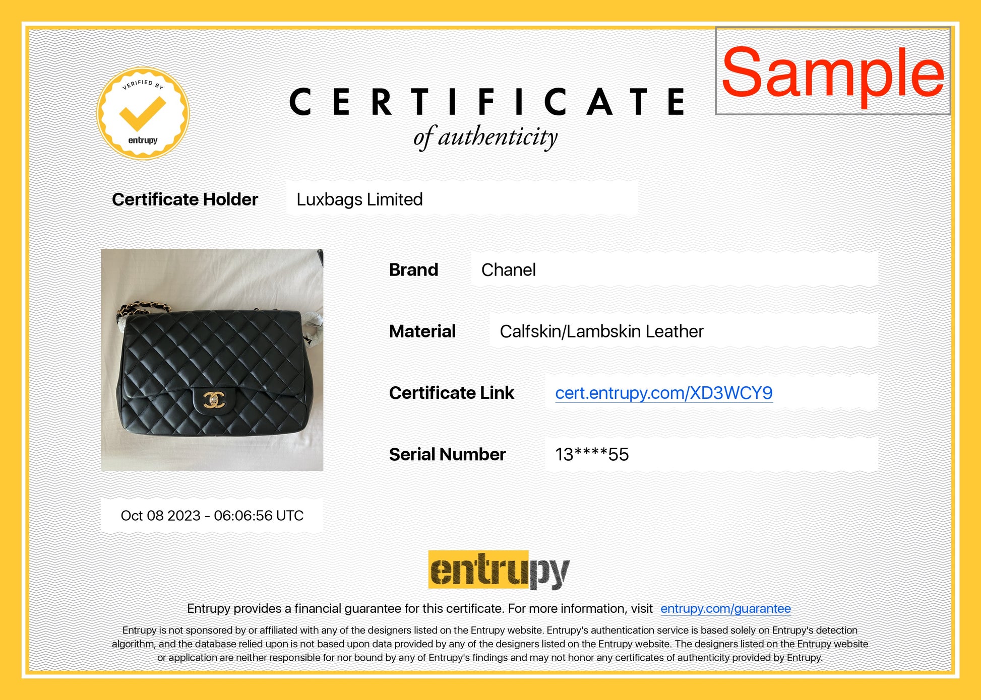 Entrupy Authentication Certificate