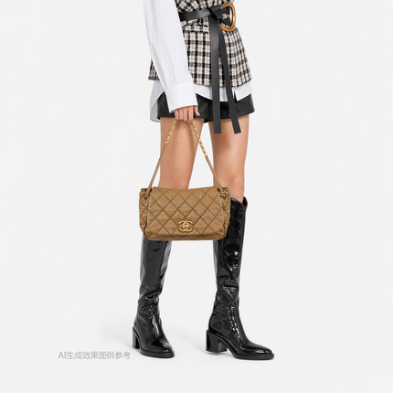 Chanel Double Stitch Retro Chain Accordion Flap Bag Brown Calfskin Leather