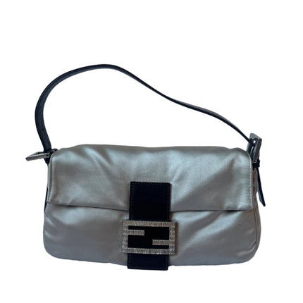 FENDI Baguette Beige Grey Silk Satin with Crystal Buckle Shoulder Bag-Luxbags
