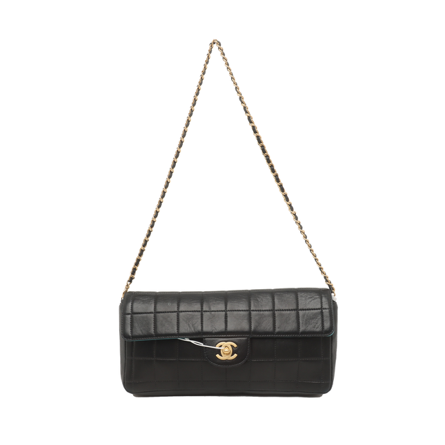 Chanel East West Chocolate Bar Black Leather Blue Interior-Luxbags