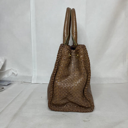 Prada Madras Brown Woven Leather Top Handle Shopping Tote