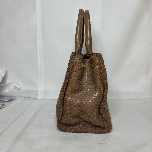 Prada Madras Brown Woven Leather Top Handle Shopping Tote