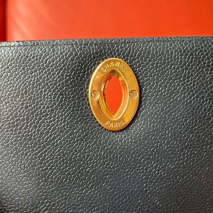 Chanel Classic Flap Vintage Navy Black Caviar Leather 24k Gold Plated Giant CC Logo, 1994-96