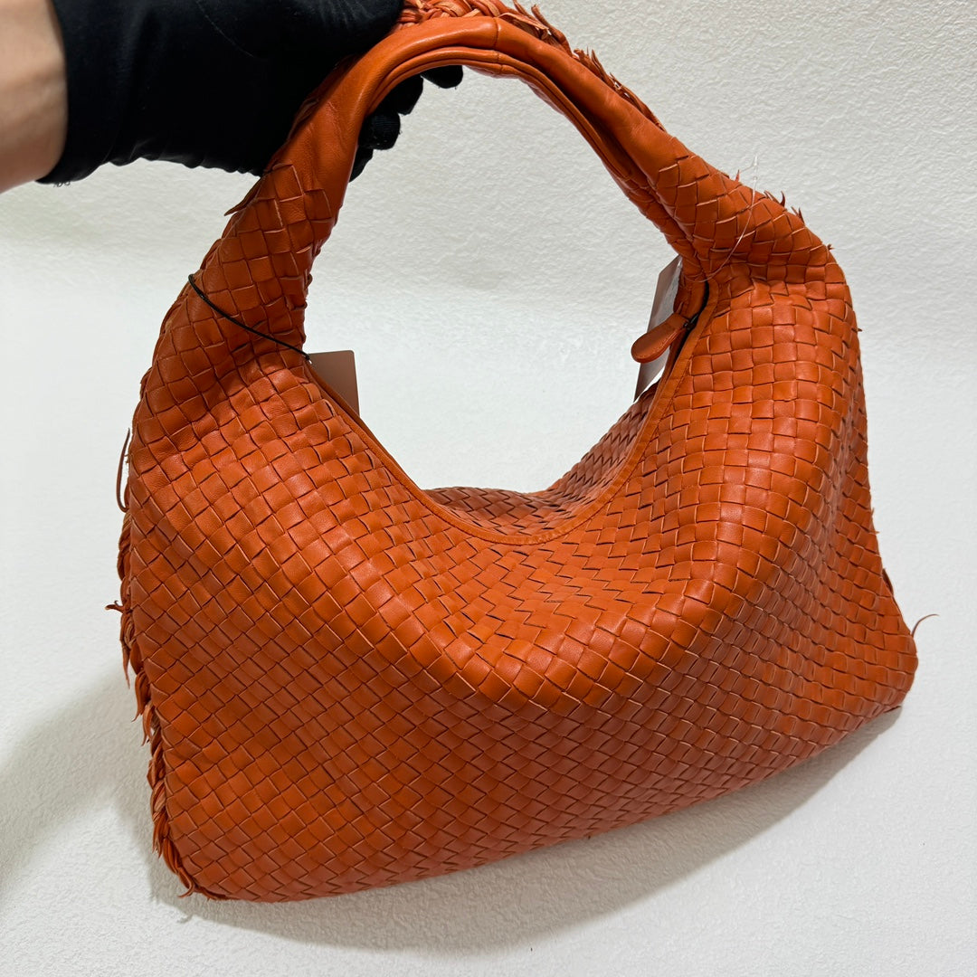 Bottega Veneta Veneta Hobo Medium Orange with Fringe Edges Intrecciato Leather Bag 47cm-Luxbags