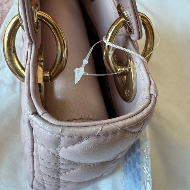 Lady Dior Mini Pearlescent Pink Lambskin Leather Gold HW Chain Strap