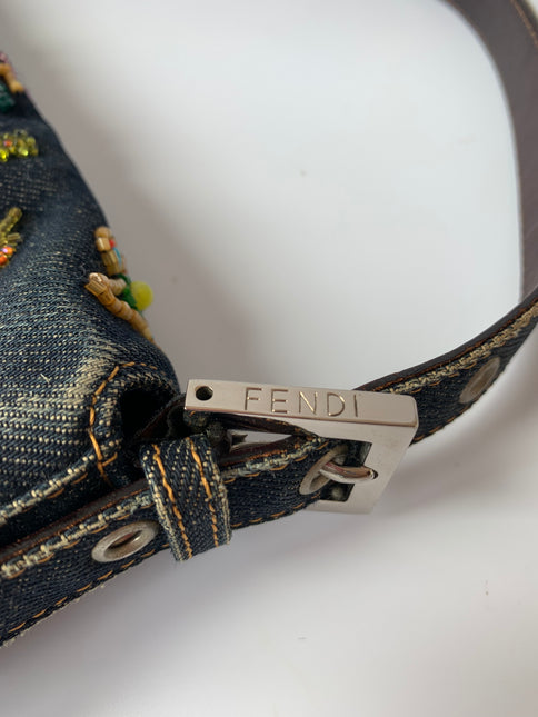 Sold FENDI Baguette Blue Denim with beaded Flower Embroidery