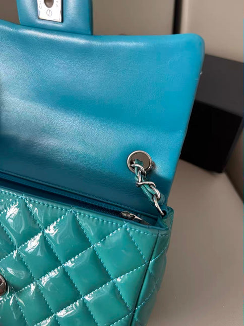 Chanel Classic Flap Rectangular Mini Blue Patent Leather Silver Hardware