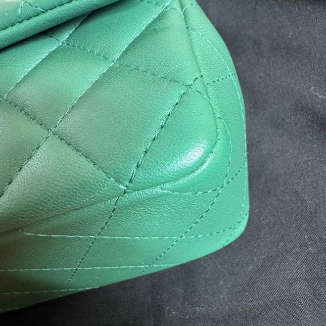 Chanel Classic Flap Mini Rectangular Green Lambskin Leather Silver Hardware