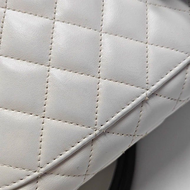 Chanel Cambon Medium Shoulder Bag White Calfskin Leather Snake-skin CC Logo Black Double Strap