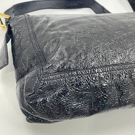 FENDI Baguette Large Black Crinkled Patent Leather Shoulder Bag