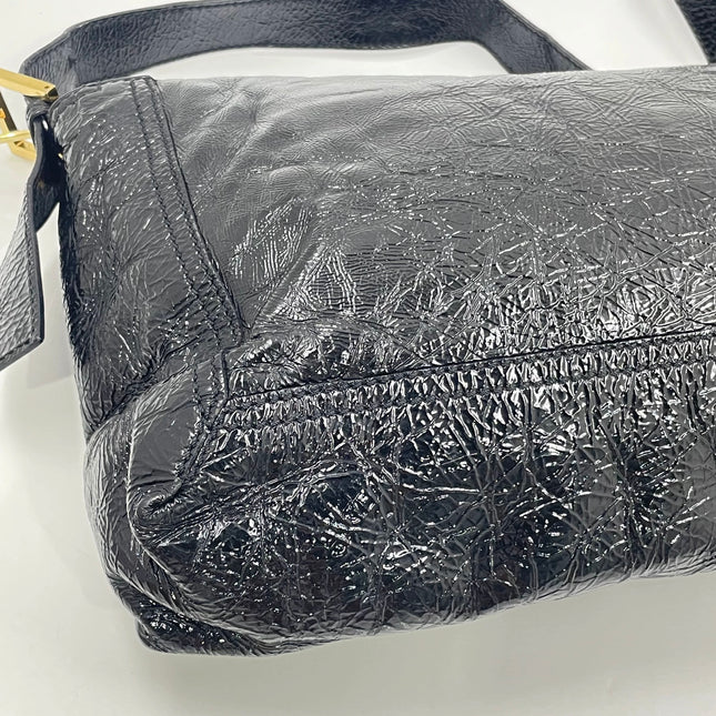 FENDI Baguette Large Black Crinkled Patent Leather Shoulder Bag