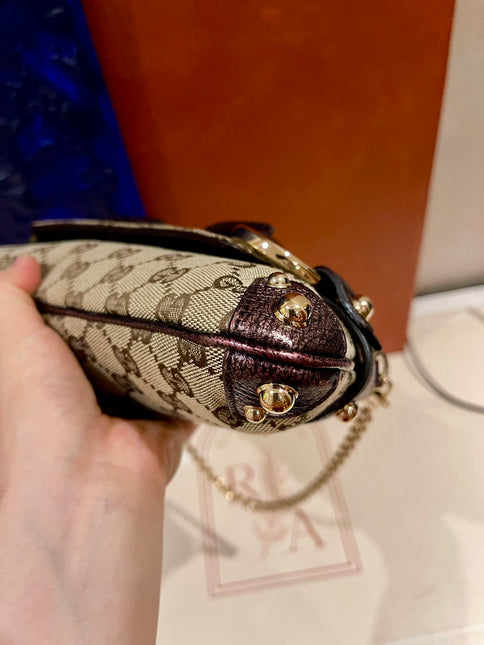 Sold Gucci Horsebit 1955 Chain Bag Gucci Monogram Iridescent Purple Leather and Gold Studs