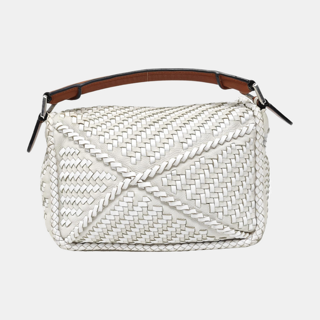 Loewe Puzzle Small Leather Woven Braided White Crossbody Bag
