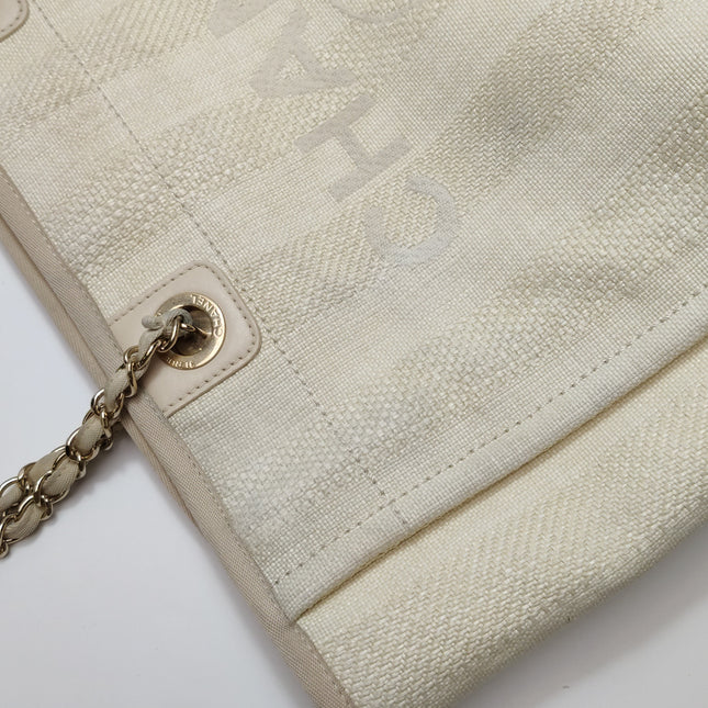 Chanel Deauville Tote Light Beige Stripes Cloth Leather Chain Handle Small 34cm