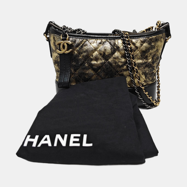 Chanel Gabrielle Small Metallic Crumpled Goatskin Quilted Black and Gold Bag