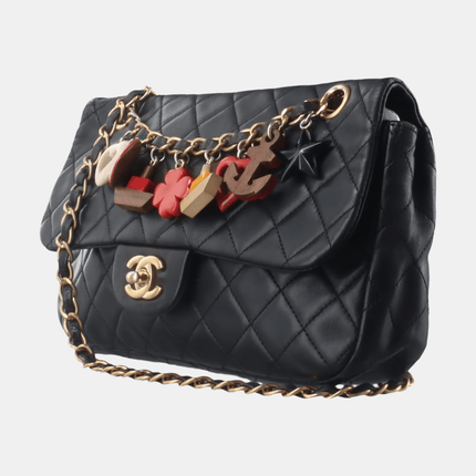 Chanel Classic Flap Medium Black Lambskin Leather Valentine Marine Charms