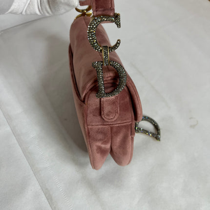 Dior Saddle Mini Pink Velvet Handbag with Crystals