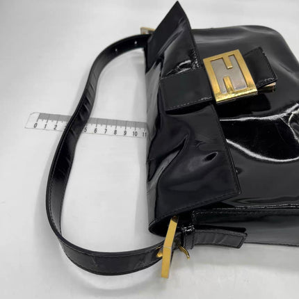 Fendi Baguette Black Patent Leather Gold Hardware Shoulder Bag