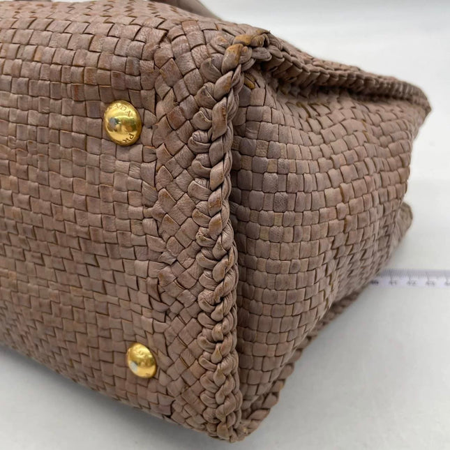 Prada Madras Brown Woven Leather Top Handle Shopping Tote Medium