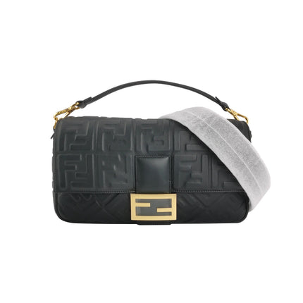 Fendi Baguette Black Leather 3D FF Motif Crossbody Bag Large-Luxbags
