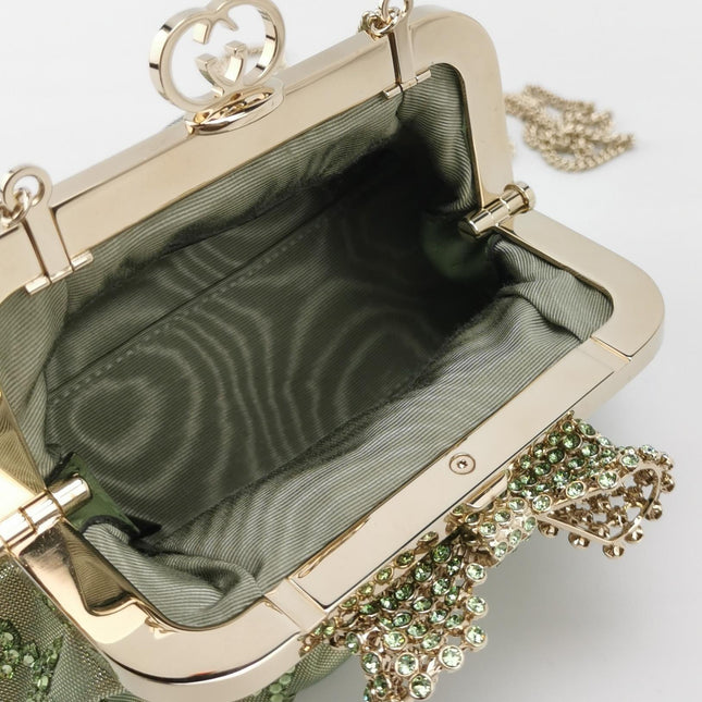 Gucci Mini Crystal Monogram and Bow Green Nylon Clutch With Chain