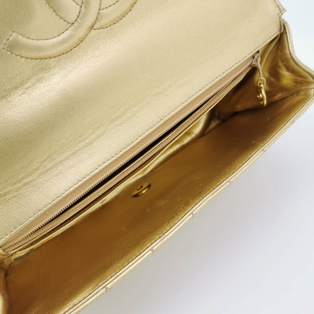 Sold Chanel 1994 Classic Flap Kelly Top Handle Bag Medium Metallic Gold Lambskin Leather