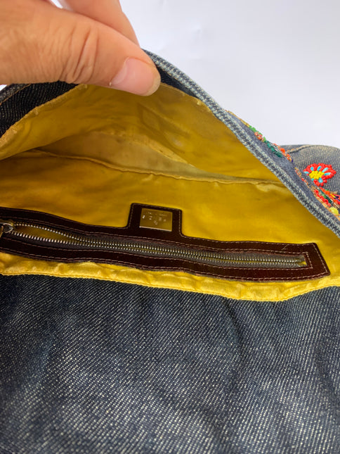 Sold FENDI Baguette Blue Denim with beaded Flower Embroidery