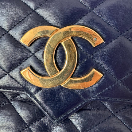 Chanel Vintage Classic Flap Mini Navy Lambskin Mega CC Logo 24k Gold HW, 1989-1991