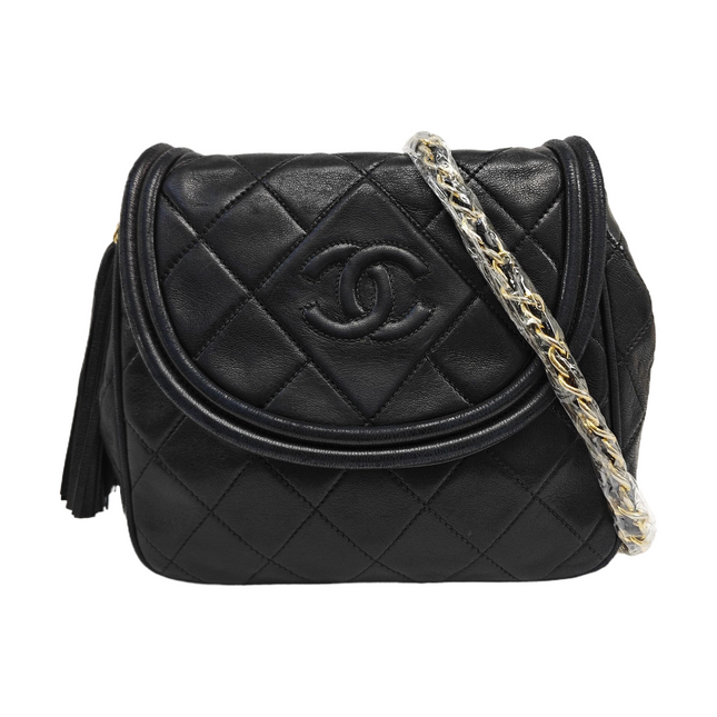 Chanel Vintage Mini CC Tassel Flap Bag Black Lambskin Matelasse Chain