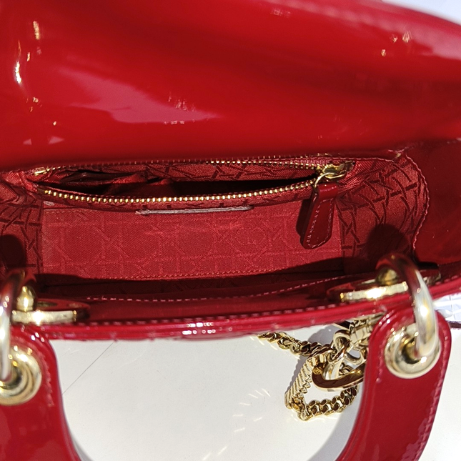 Lady Dior Mini Handbag Burgundy Red Patent Leather Gold-tone Chain Strap