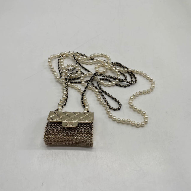 Chanel Micro Flap Bag Charm Chain Long Necklace with Matelasse and Pearl Chain 102cm