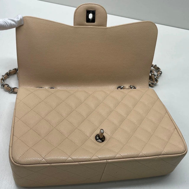 Chanel Classic Flap Jumbo 2009 Beige Caviar Leather Single Flap Silver Hardware
