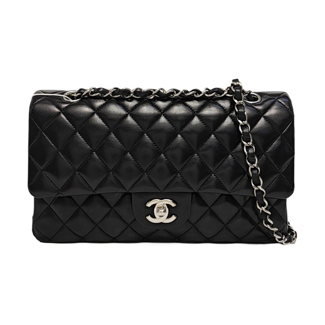 Chanel Timeless Classic Flap Medium 2014 Black Lambskin Leather Silver Hardware-Luxbags