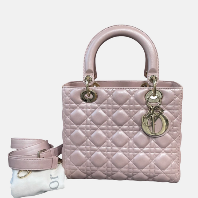 Lady Dior Medium Handbag Pearlescent Pink Cannage Leather Gold Hardware, 2016-Luxbags