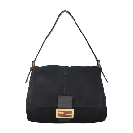 Fendi Mamma Baguette Black Suede Leather Red Buckle