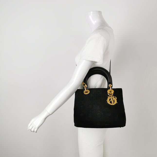 Lady Dior Vintage Medium Black Suede Leather Gold Hardware 1997