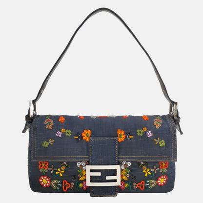 Fendi Baguette Denim with Floral Beads 25 Anniversary Special Collection-Luxbags