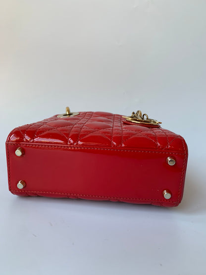 Sold Lady Dior Patent Leather Red Mini handbag with gold hardware