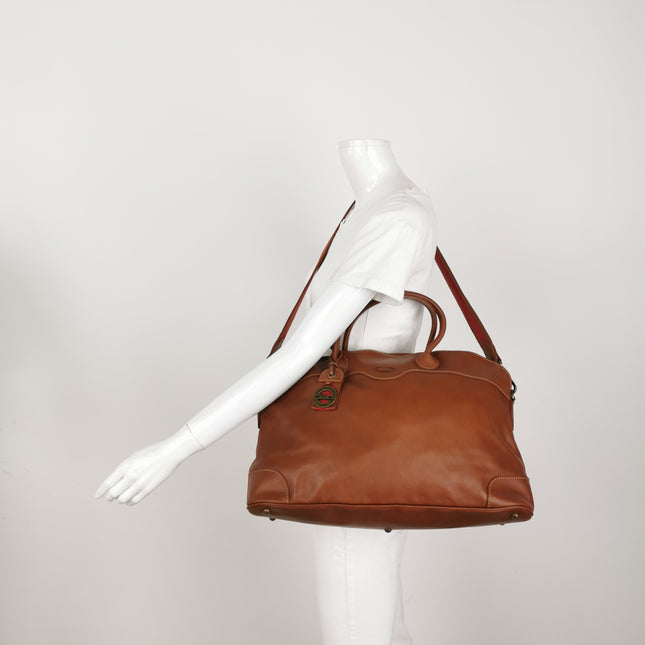 Longchamp Au Sultan Weekender Brown Leather Top Handle Travel Bag Canvas Strap
