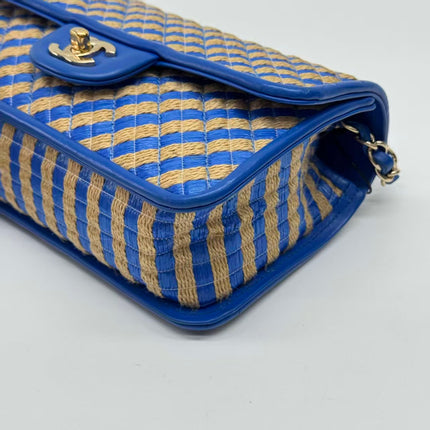 Chanel Mini Raffia Jute Striped Flap Bag Blue Diamond Wild Stitch