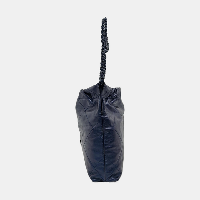 Chanel 22 Hobo Bag Medium Shiny Calfskin Leather Metallic Navy