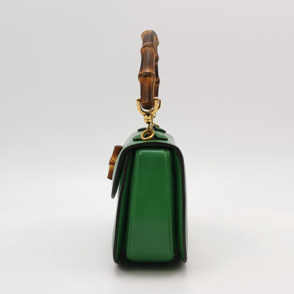 Gucci Bamboo 1947 Top Handle Bag Small Green Box Leather Canvas Strap