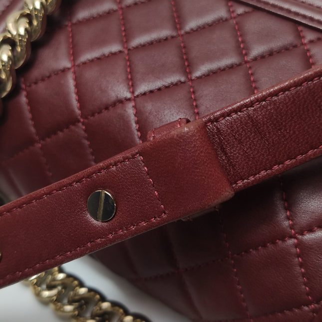 Chanel Le Boy Small Burgundy Lambskin Leather Antiqued Gold Hardware