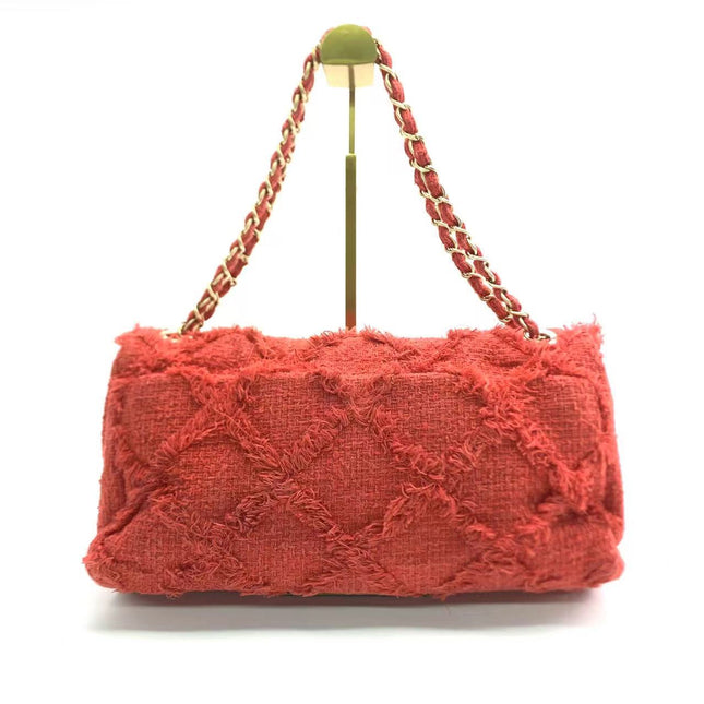 Chanel Red Diamond Stitch Tweed Maxi Nature Flap Bag