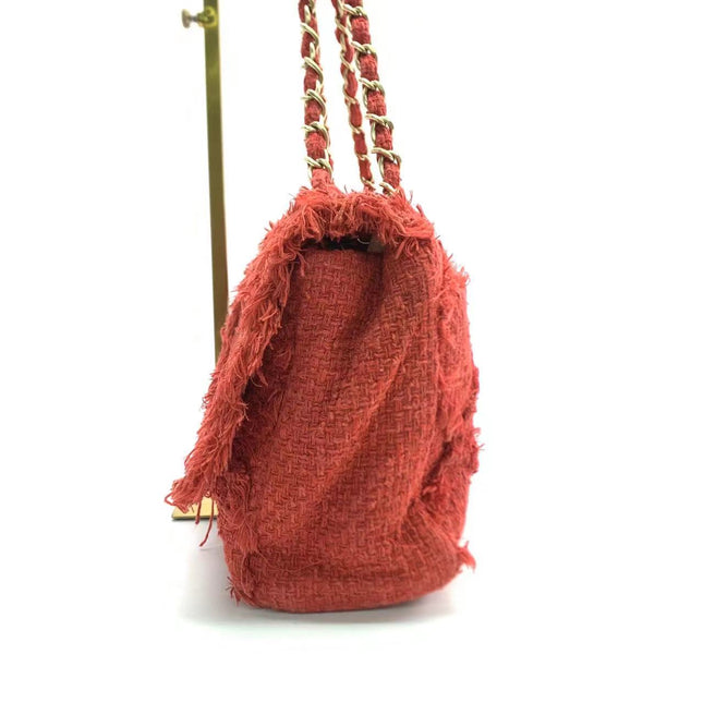 Chanel Red Diamond Stitch Tweed Maxi Nature Flap Bag