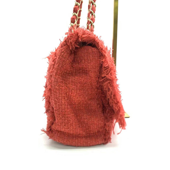 Chanel Red Diamond Stitch Tweed Maxi Nature Flap Bag