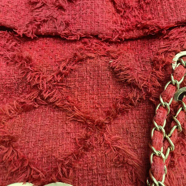 Chanel Red Diamond Stitch Tweed Maxi Nature Flap Bag