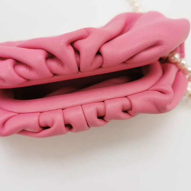 SOld Bottega Veneta Pouch Super Mini Pink Calfskin Leather Crossbody Bag Pearl Chains